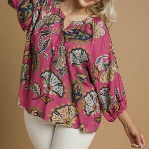UMGEE Boho Paisley Puff Sleeve Blouse (New) - Pink